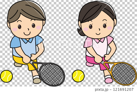 一個男人和一個女人微笑著打網球 121691207