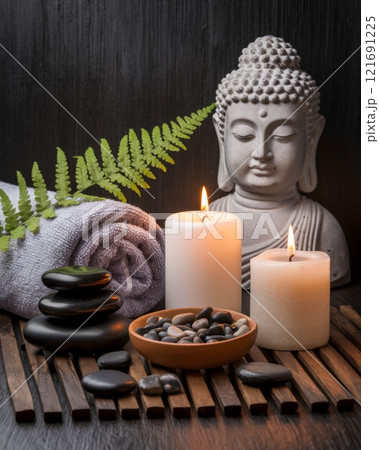 Tranquil Massage Therapy Setup with Grey Towel, River Stones and Aromatherapy Candles Against Rustic Wood	 121691225