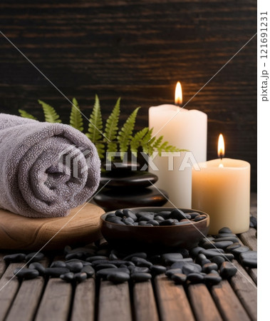 Tranquil Massage Therapy Setup with Grey Towel, River Stones and Aromatherapy Candles Against Rustic Wood	 121691231