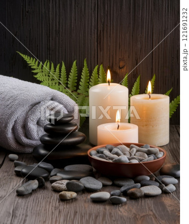 Tranquil Massage Therapy Setup with Grey Towel, River Stones and Aromatherapy Candles Against Rustic Wood	 121691232