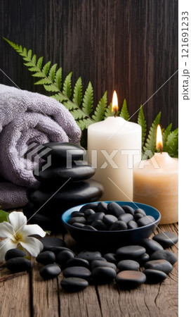 Tranquil Massage Therapy Setup with Grey Towel, River Stones and Aromatherapy Candles Against Rustic Wood	 121691233