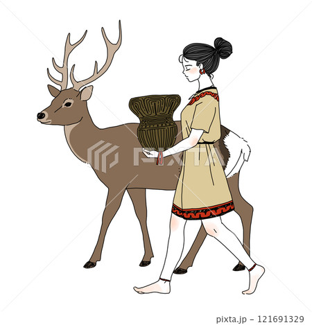 鹿と歩く縄文時代の女性 121691329