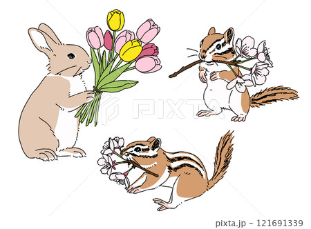 春の花を持ったウサギとシマリスのイラスト 121691339