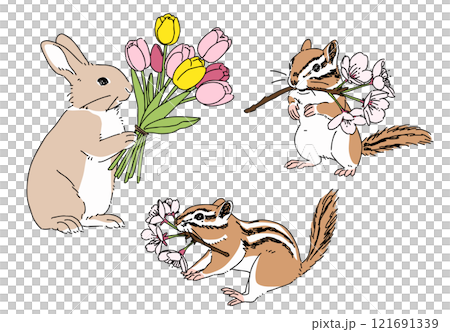 春の花を持ったウサギとシマリスのイラスト 121691339