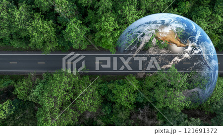 Asphalt road in middle of green tree forest road with globe planet earth, Green business sustainable energy environment ecosystem planet earth, Road to save earth planet save world and environment. 121691372