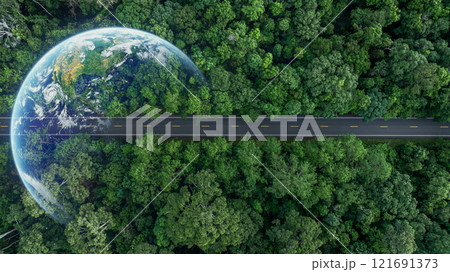Asphalt road in middle of green tree forest road with globe planet earth, Green business sustainable energy environment ecosystem planet earth, Road to save earth planet save world and environment. Asphalt road in middle of green tree forest road with globe planet earth, Green business sustainable energy environment ecosystem planet earth, Road to save earth planet save world and environment. 121691373