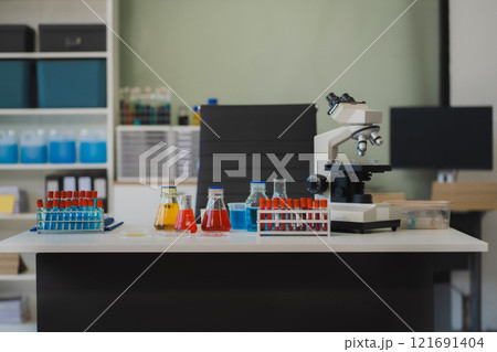 science lab test tubes, lab equipment. 121691404