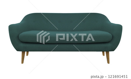 Green fabric classic sofa on wooden legs isolated 121691451