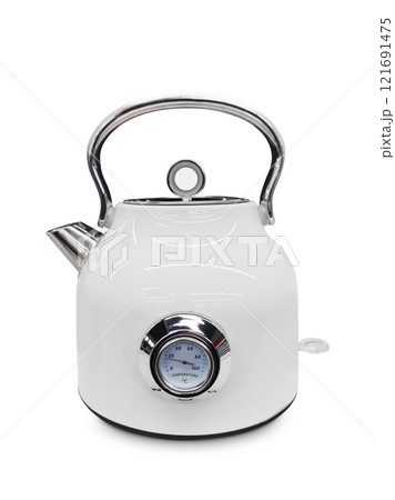 Metal white electric kettle. Isolated object on transparent background 121691475