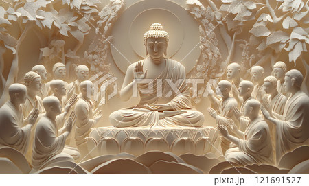 釈迦の周囲に弟子たちがたくさんいる風景 釈迦の周囲に弟子たちがたくさんいる風景 121691527