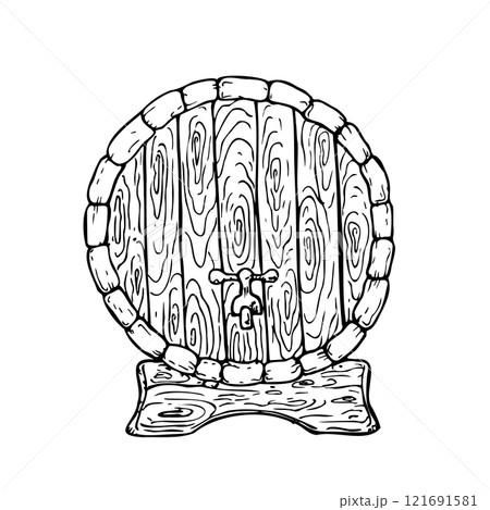 Vector wooden barrel for wine, beer, whiskey. Graphic vintage illustration isolated on background. Hand drawn wood oak keg line sketch. For designers, prints, postcards, wrapping paper, holiday 121691581