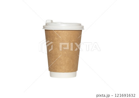 Disposable craft paper coffee cup with white cover isolated on white background, mock up 121691632