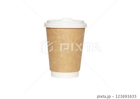 Disposable craft paper coffee cup with white cover isolated on white background, mock up 121691633