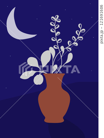 Vases with branches of plants on the background of the moon and the starry sky. A template for posters, prints, interior design and creative ideas Vases with branches of plants on the background of the moon and the starry sky. A template for posters, prints, interior design and creative ideas 121691686