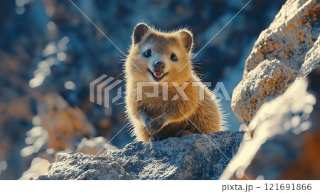 Smiling quokka enjoying the sunlight on a rocky outcrop in its natural habitat during the early morning Smiling quokka enjoying the sunlight on a rocky outcrop in its natural habitat during the early morning 121691866