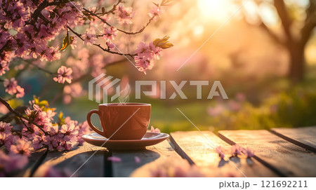 桜を背景にしたコーヒーカップ 桜を背景にしたコーヒーカップ 121692211