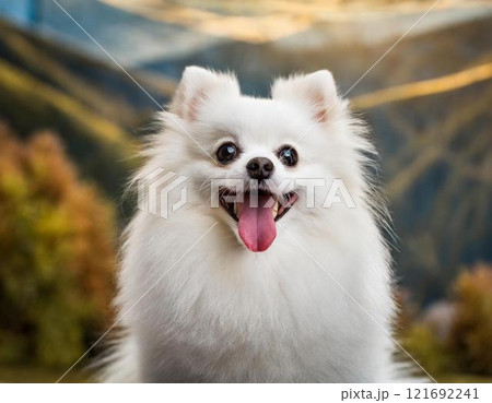 funny white spitz dog, looking at the camera with open mouth smiling,selective focus funny white spitz dog, looking at the camera with open mouth smiling,selective focus 121692241