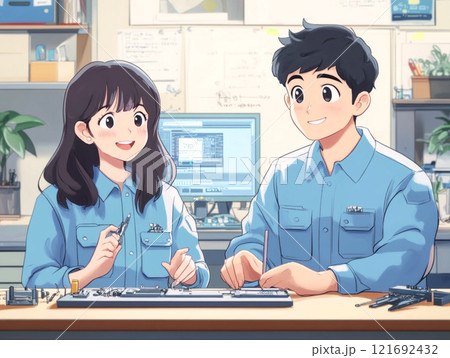 電気機器を試作するエンジニア男女_イラスト1 121692432
