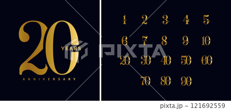 Golden anniversary numbers set on a dark background. Elegant typography for milestone celebrations, corporate events, or branding. Luxurious vector illustration. 121692559