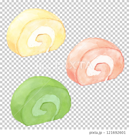 Watercolor illustration set of roll cakes (strawberry, plain, matcha) 121692601