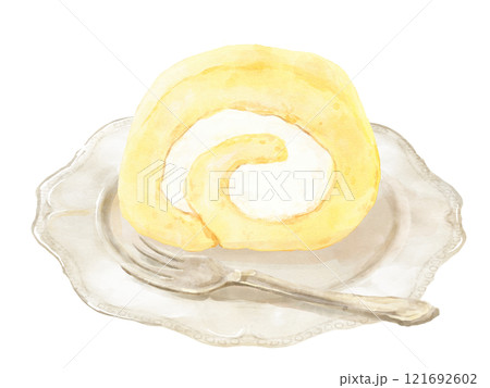 お皿にのっている水彩で描いたロールケーキ(プレーン・正面) お皿にのっている水彩で描いたロールケーキ(プレーン・正面) 121692602