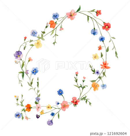 Minimalist floral garland illustration with delicate flowers and leaves. Perfect for wedding invitations, spring-themed designs, DIY crafts, and seasonal decorations. 121692604