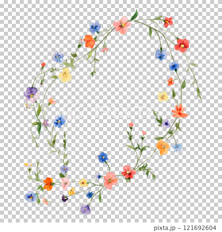 Minimalist floral garland illustration with delicate flowers and leaves. Perfect for wedding invitations, spring-themed designs, DIY crafts, and seasonal decorations. 121692604