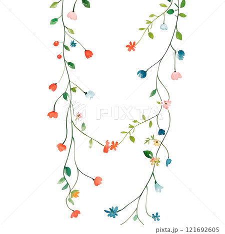 Minimalist floral garland illustration with delicate flowers and leaves. Perfect for wedding invitations, spring-themed designs, DIY crafts, and seasonal decorations. 121692605