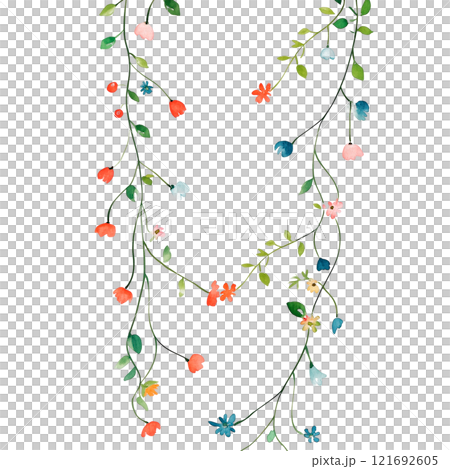 Minimalist floral garland illustration with delicate flowers and leaves. Perfect for wedding invitations, spring-themed designs, DIY crafts, and seasonal decorations. 121692605