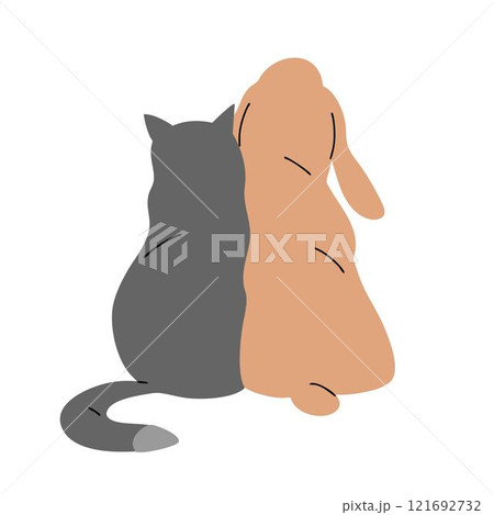 A cute dog and a cat are sitting together A cute dog and a cat are sitting together 121692732