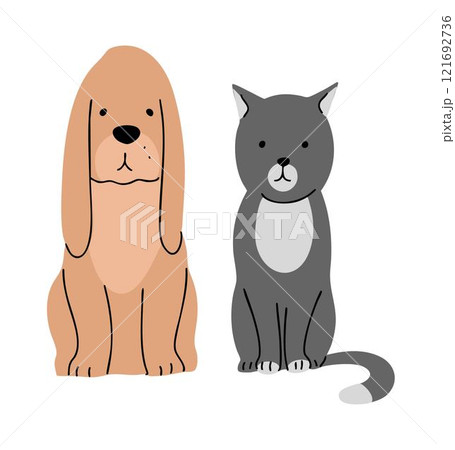 A cute dog and a cat are sitting together A cute dog and a cat are sitting together 121692736