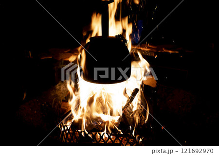 Soup Cooking on fire inside a Kota Cabin in Lapland Finland 121692970