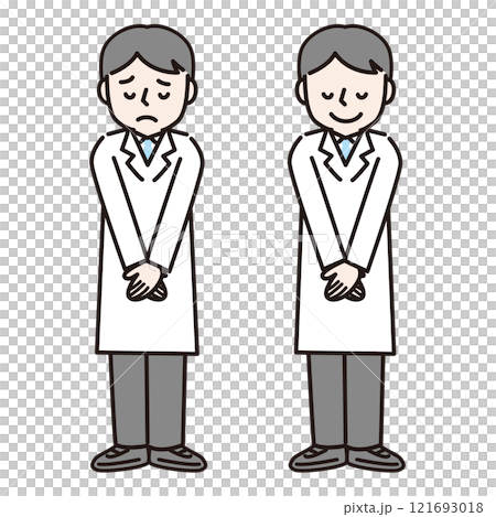 お辞儀をする白衣姿の男性（全身）：イラスト素材 121693018