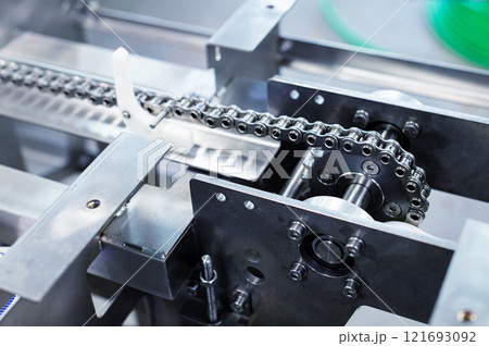 Stainless steel production elements in the production of conveyor equipment. Metal parts of future production systems with chains 121693092