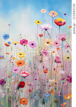 Bright colorful flowers blooming in a vibrant field under a clear blue sky 121693130