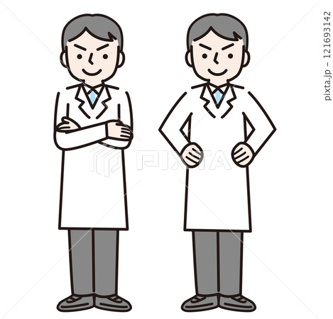 自信のある腕を組む白衣姿の男性（全身）：イラスト素材 121693142