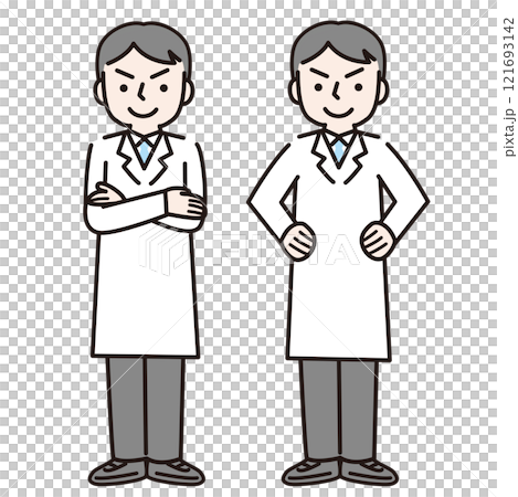 自信のある腕を組む白衣姿の男性（全身）：イラスト素材 121693142