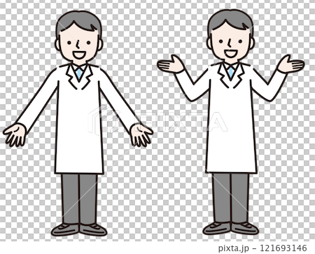 身穿白大褂微笑的男子攤開雙手（全身）：插畫素材 121693146