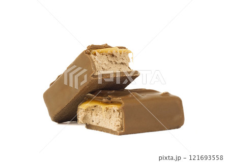 Closeup of chocolate bar isolated on white Closeup of chocolate bar isolated on white 121693558
