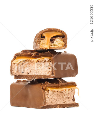 Closeup of chocolate bar isolated on white 121693559