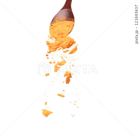 Cheese flavor falling from spoon, Cheese Spices and seasoning powder splash in mid air. Seasoning powder spice up taste of food over white background isolated 121693637