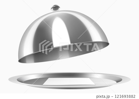 A stainless steel cloche with a paper postcard isolated on white background. Open Metal food cloche, Food Cover. Dome. Serving Plate Dish, Dining Dinner Platter. Realistic 3d vector illustration 121693882