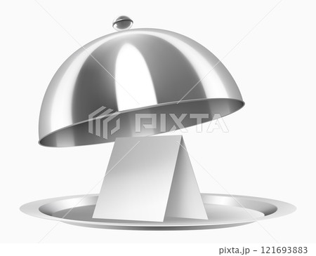 A stainless steel cloche with a paper postcard isolated on white background. Open Metal food cloche, Food Cover. Dome. Serving Plate Dish, Dining Dinner Platter. Realistic 3d vector illustration 121693883