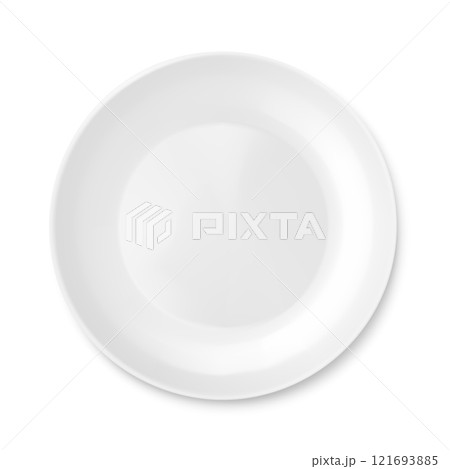 Classic white ceramic, glass plate, isolated on a white background. Top view. White kitchen appliances utensils for eating, Illustration for your projects. Realistic 3D vector illustration 121693885