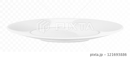 Classic white ceramic or glass plate, isolated on a white background. Side view. White kitchen utensils for eating, Illustration for your projects. Realistic 3D vector illustration 121693886