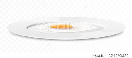Plate with delicious fried egg and stainless steel cutlery, fork and knife, isolated on white background. Realistic 3D vector illustration. delicious breakfast, side view Plate with delicious fried egg and stainless steel cutlery, fork and knife, isolated on white background. Realistic 3D vector illustration. delicious breakfast, side view 121693889