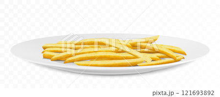 Plate of tasty French fries isolated on transparent background. Realistic 3D vector illustration. Fast food concept. 121693892