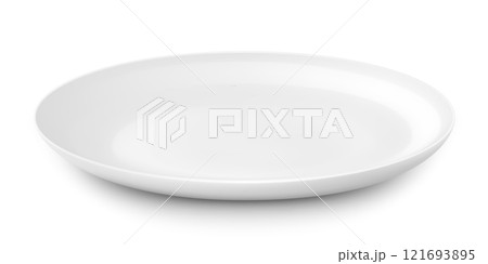 Classic white ceramic or glass plate is deep, isolated on a white background. Side view. White kitchen utensils for eating, Illustration for your projects. Realistic 3D vector illustration 121693895