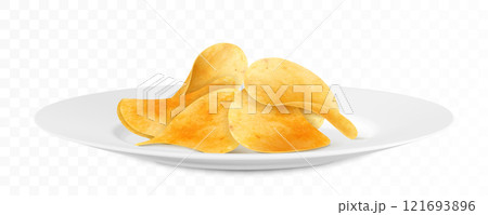 Potato chips in white ceramic plate isolated on white background. Junk food for restaurant menu. Fried potatoes unhealthy fast food. Realistic 3D vector illustration. 121693896