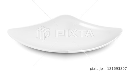 Empty square ceramic plate low angle shot, isolated on white background. White dishes for chips. Mockup of tableware, kitchen utensils. Realistic vector illustration. 3d design 121693897